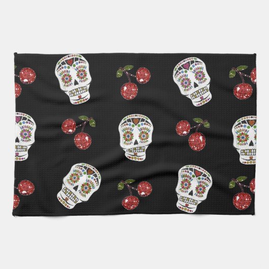 RAB Rockabilly Sugar Skulls Kirschen Kirschen auf Geschirrtuch (Horizontal)