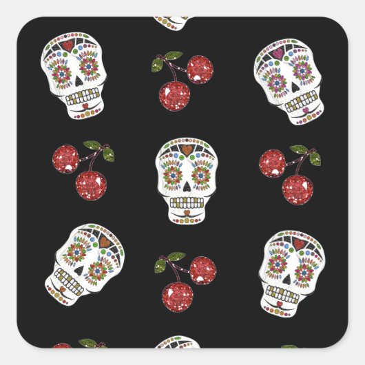 RAB Rockabilly Sugar Skulls Kirschen Kirschen auf Quadratischer Aufkleber (Vorderseite)