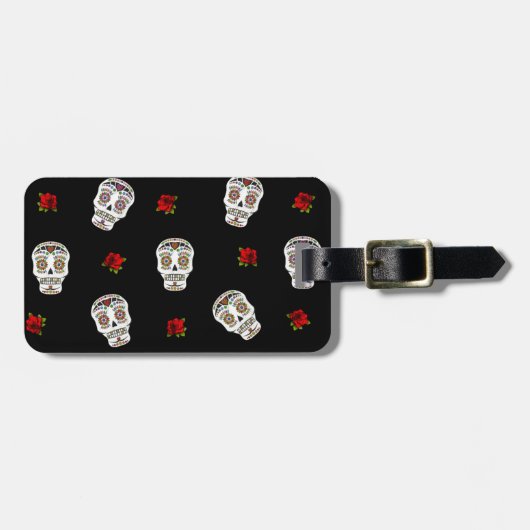 RAB Rockabilly Sugar Skulls Rose auf schwarz Gepäckanhänger (Vorderseite horizontal)