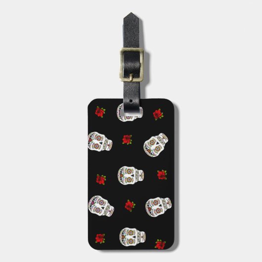 RAB Rockabilly Sugar Skulls Rose auf schwarz Gepäckanhänger (Vorderseite vertikal)