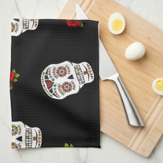 RAB Rockabilly Sugar Skulls Rose auf schwarz Geschirrtuch (Viertel Falte)