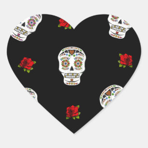 RAB Rockabilly Sugar Skulls Rose auf schwarz Herz-Aufkleber