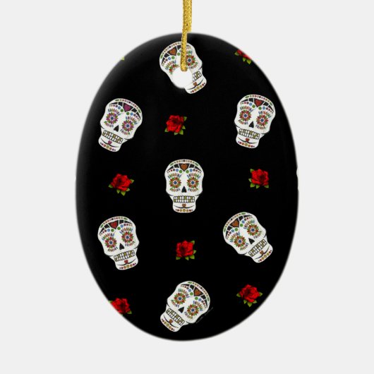 RAB Rockabilly Sugar Skulls Rose auf schwarz Keramik Ornament (Vorne)