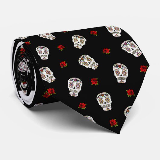 RAB Rockabilly Sugar Skulls Rose auf schwarz Krawatte (Gerollt)