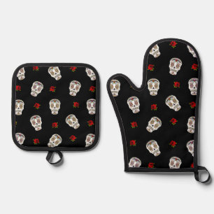 RAB Rockabilly Sugar Skulls Rose auf schwarz Ofenhandschuh & Topflappen-Set