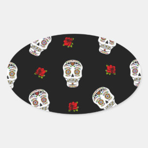 RAB Rockabilly Sugar Skulls Rose auf schwarz Ovaler Aufkleber