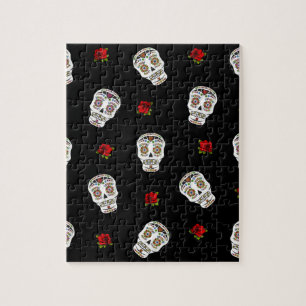 RAB Rockabilly Sugar Skulls Rose auf schwarz Puzzle