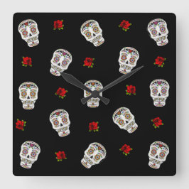 RAB Rockabilly Sugar Skulls Rose auf schwarz Quadratische Wanduhr