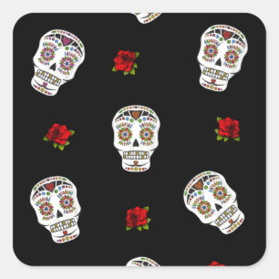 RAB Rockabilly Sugar Skulls Rose auf schwarz Quadratischer Aufkleber
