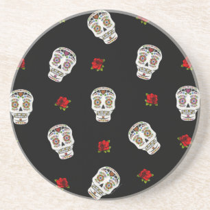 RAB Rockabilly Sugar Skulls Rose auf schwarz Untersetzer