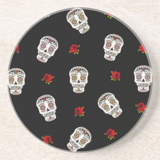 RAB Rockabilly Sugar Skulls Rose auf schwarz Untersetzer (Vorne)