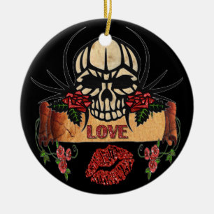 RAB Rockabilly Totenkopf Rosen Lippenstift Liebe Keramik Ornament