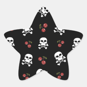 RAB Rockabilly Totenköpfe und Kirschen auf Schwarz Stern-Aufkleber