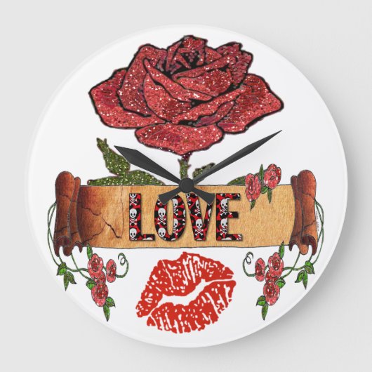 RAB Rockabilly Valentine Rose, Liebe & Lipstick Große Wanduhr (Vorderseite)