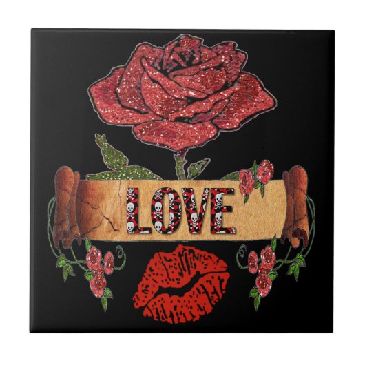 RAB Rockabilly Valentine Roses, Love & Lipstick Fliese (Vorderseite)