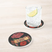 RAB Rockabilly Valentine Roses, Love & Lipstick Getränkeuntersetzer (Seite)