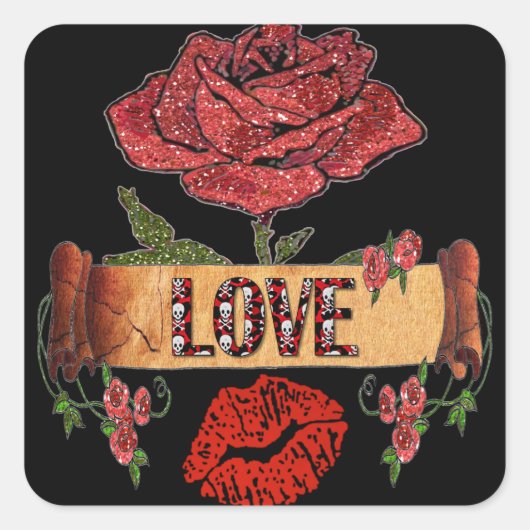 RAB Rockabilly Valentine Roses, Love & Lipstick Quadratischer Aufkleber (Vorderseite)