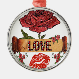 RAB Rockabilly Valentine Roses, Love & Lipstick Silbernes Ornament