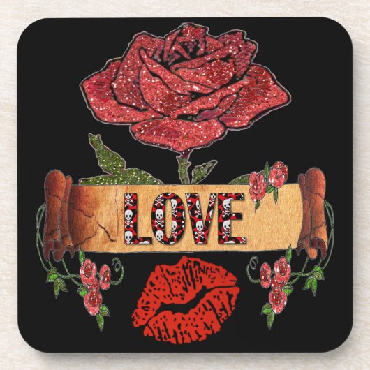 RAB Rockabilly Valentine Roses, Love & Lipstick Untersetzer (Vorderseite)