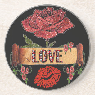 RAB Rockabilly Valentinsrosen, Liebe & Lippenstift Getränkeuntersetzer
