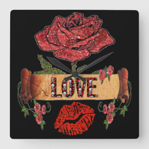 RAB Rockabilly Valentinsrosen, Liebe & Lippenstift Quadratische Wanduhr