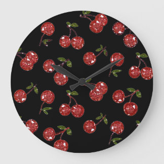 RAB Rockabilly Very Cherry Cherries On Black Große Wanduhr
