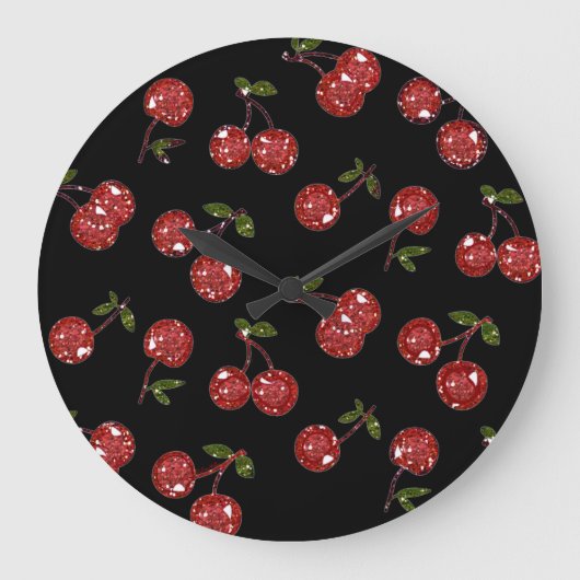 RAB Rockabilly Very Cherry Cherries On Black Große Wanduhr (Vorderseite)