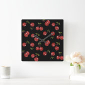 RAB Rockabilly Very Cherry Cherries On Black Quadratische Wanduhr (Zuhause)