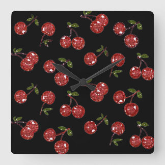 RAB Rockabilly Very Cherry Cherries On Black Quadratische Wanduhr