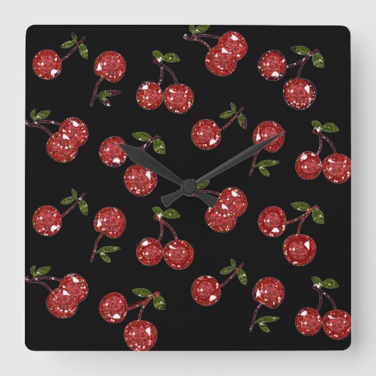 RAB Rockabilly Very Cherry Cherries On Black Quadratische Wanduhr (Vorderseite)