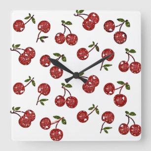 RAB Rockabilly Very Cherry Cherries On White Quadratische Wanduhr