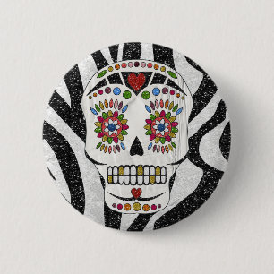 RAB Rockabilly Zucker-Schädel auf Zebradruck Button