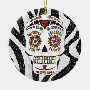 RAB Rockabilly Zucker-Schädel auf Zebradruck Keramik Ornament