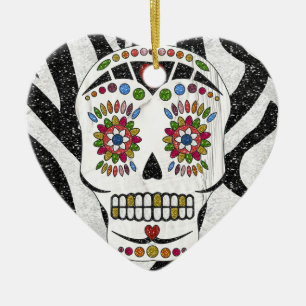 RAB Rockabilly Zucker-Schädel auf Zebradruck Keramik Ornament