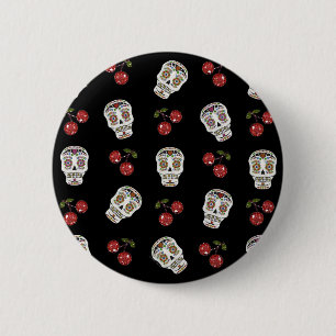 RAB Rockabilly Zucker Schädel Kirschen auf Schwarz Button