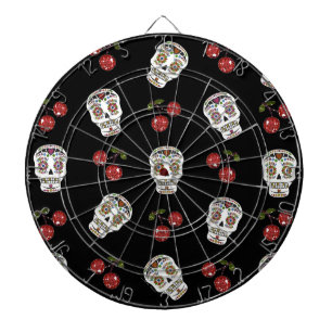 RAB Rockabilly Zucker Schädel Kirschen auf Schwarz Dartscheibe