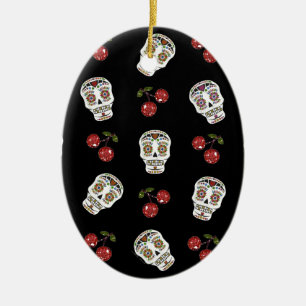 RAB Rockabilly Zucker Schädel Kirschen auf Schwarz Keramikornament