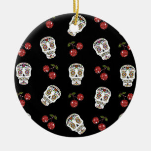 RAB Rockabilly Zucker Schädel Kirschen auf Schwarz Keramikornament