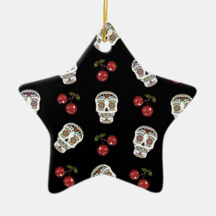 RAB Rockabilly Zucker Schädel Kirschen auf Schwarz Keramikornament