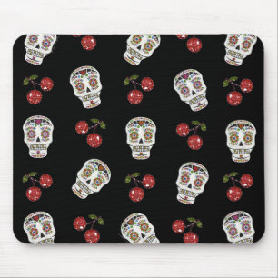 RAB Rockabilly Zucker Schädel Kirschen auf Schwarz Mousepad