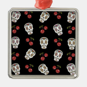 RAB Rockabilly Zucker Schädel Kirschen auf Schwarz Silbernes Ornament