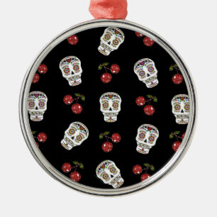 RAB Rockabilly Zucker Schädel Kirschen auf Schwarz Silbernes Ornament