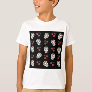 RAB Rockabilly Zucker Schädel Kirschen auf Schwarz T-Shirt