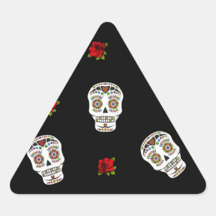 RAB Rockabilly Zucker Schädel Rosen auf Schwarz Dreieckiger Aufkleber