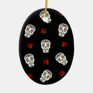 RAB Rockabilly Zucker Schädel Rosen Auf Schwarz Keramik Ornament