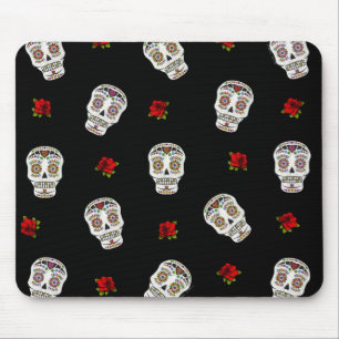 RAB Rockabilly Zucker Schädel Rosen auf Schwarz Mousepad