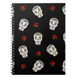 RAB Rockabilly Zucker Schädel Rosen auf Schwarz Notizblock