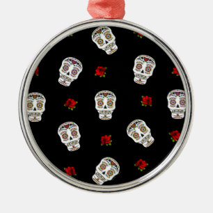 RAB Rockabilly Zucker Schädel Rosen auf Schwarz Ornament Aus Metall