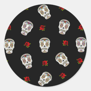 RAB Rockabilly Zucker Schädel Rosen auf Schwarz Runder Aufkleber