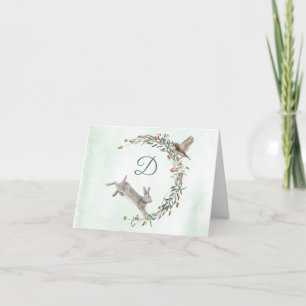 Rabbit and Bird Monogram Wreath Karte